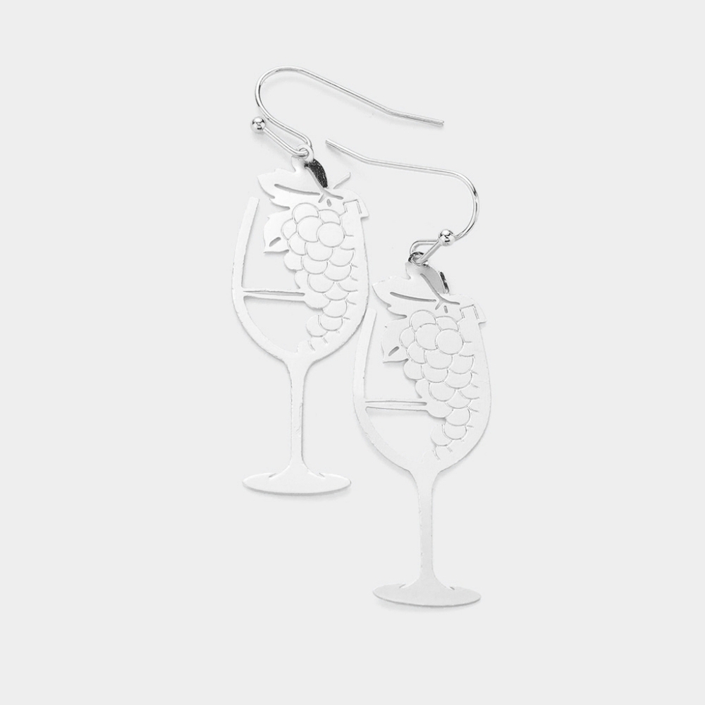 Silver Wine Glass and Grapes Cut Out Dangle Earrings Metal Fun Fashion Style